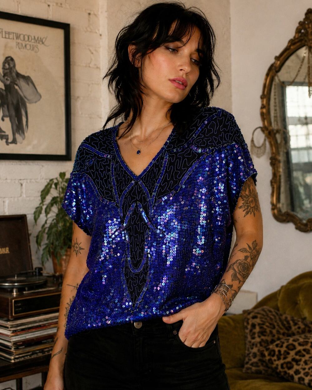 Vintage Silvercord Silk Sequin Beaded Top Large Blue Evening 80s Glam Party